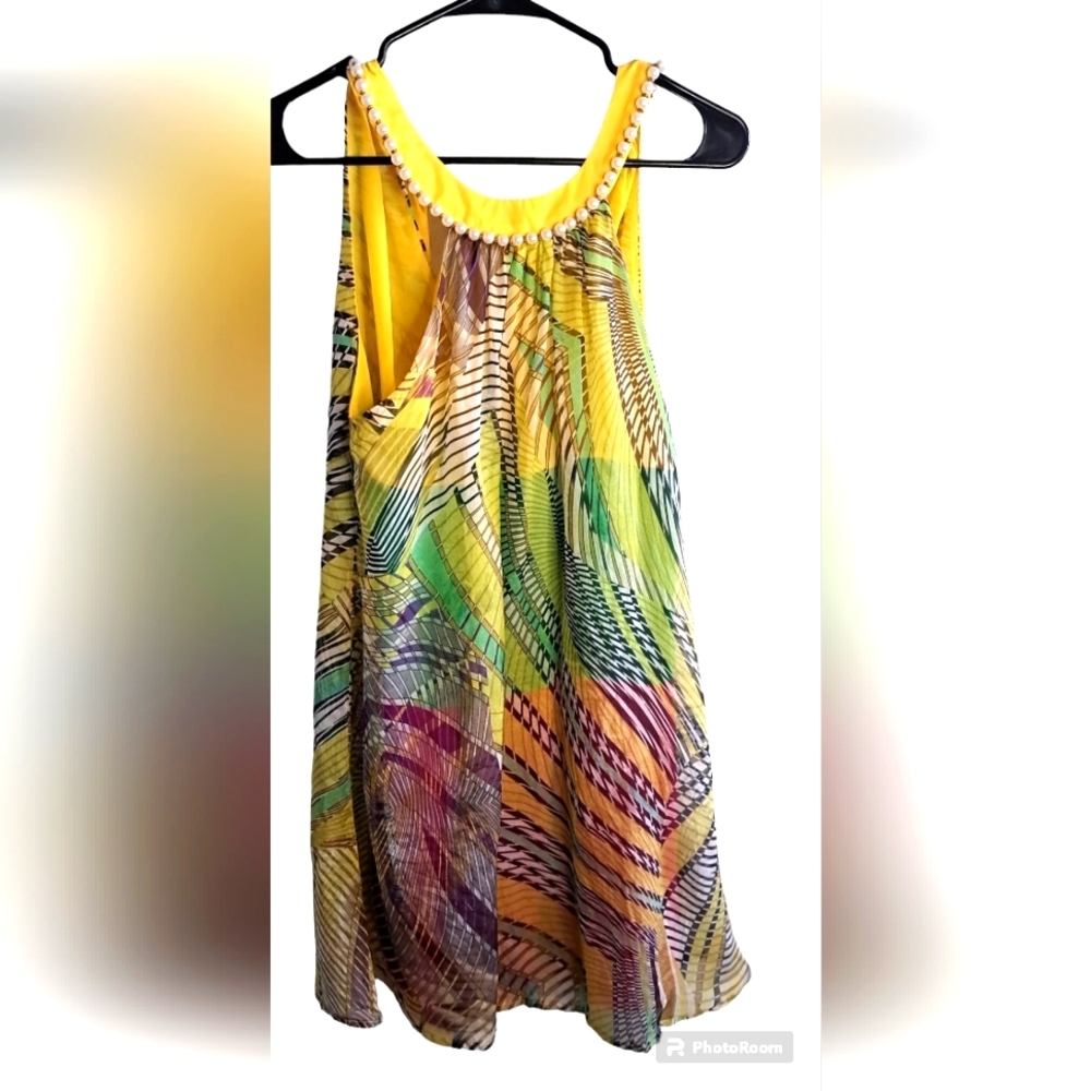 Tropical print halter neck with pearl dress M silk 60%
